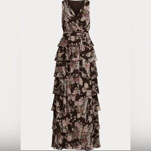 Ralph Lauren Floral Crinkle Georgette Tiered Gown Size 8 Black Label Reg. $285